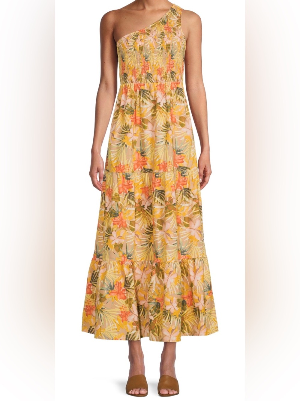 One-Shoulder Yellow Floral Smocked Tiered Maxi Dress with Pockets ~ XXXL (22)